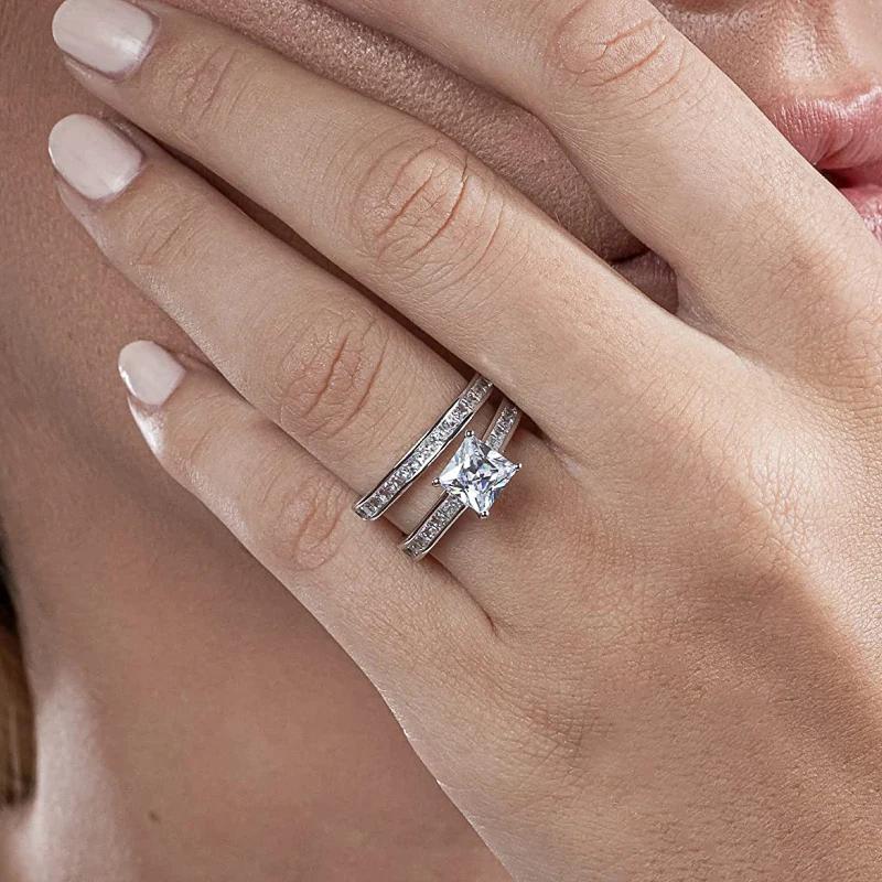 CAOSHI Classics Silver Color 2Pcs/Set Rings for Women Temperament Square Cubic Zirconia Jewelry Accessories for Wedding Party