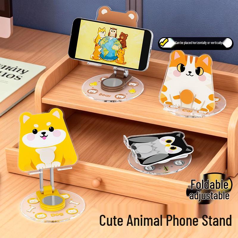 360° Rotating Cartoon Animal Phone Holder - Folding Desktop Stand Cat