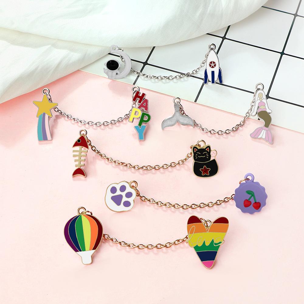Various Custom Enamel Pins Creative Cartoon Brooch with Chain Unique Decorative Clothes Bags and Hats Accessories Gifts for Kids