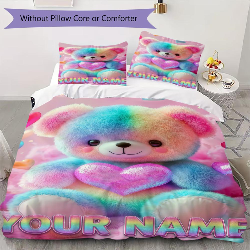 Custom Name Rainbow Heart Bear Love Bedding,Quilt Set Quilt Cover Pillowcase Home Birthday Gift(1 * duvet cover + 2 * pillowcase, without core)_lx