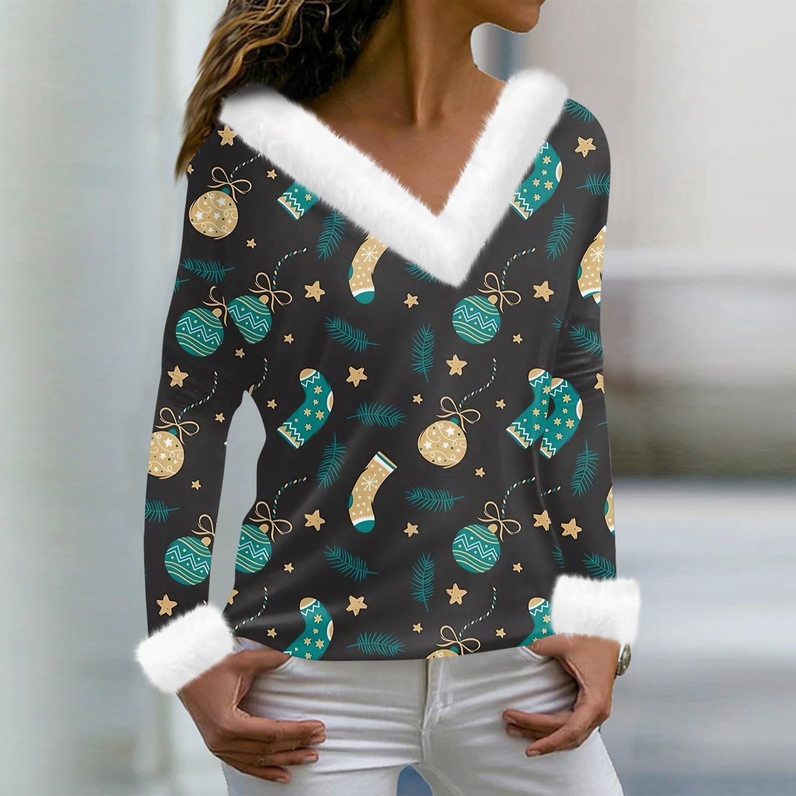 

Женская футболка с принтом, футболка с длинным рукавом, флисовый воротник, V-образный вырез, пуловер, футболка, топ XL чёрный