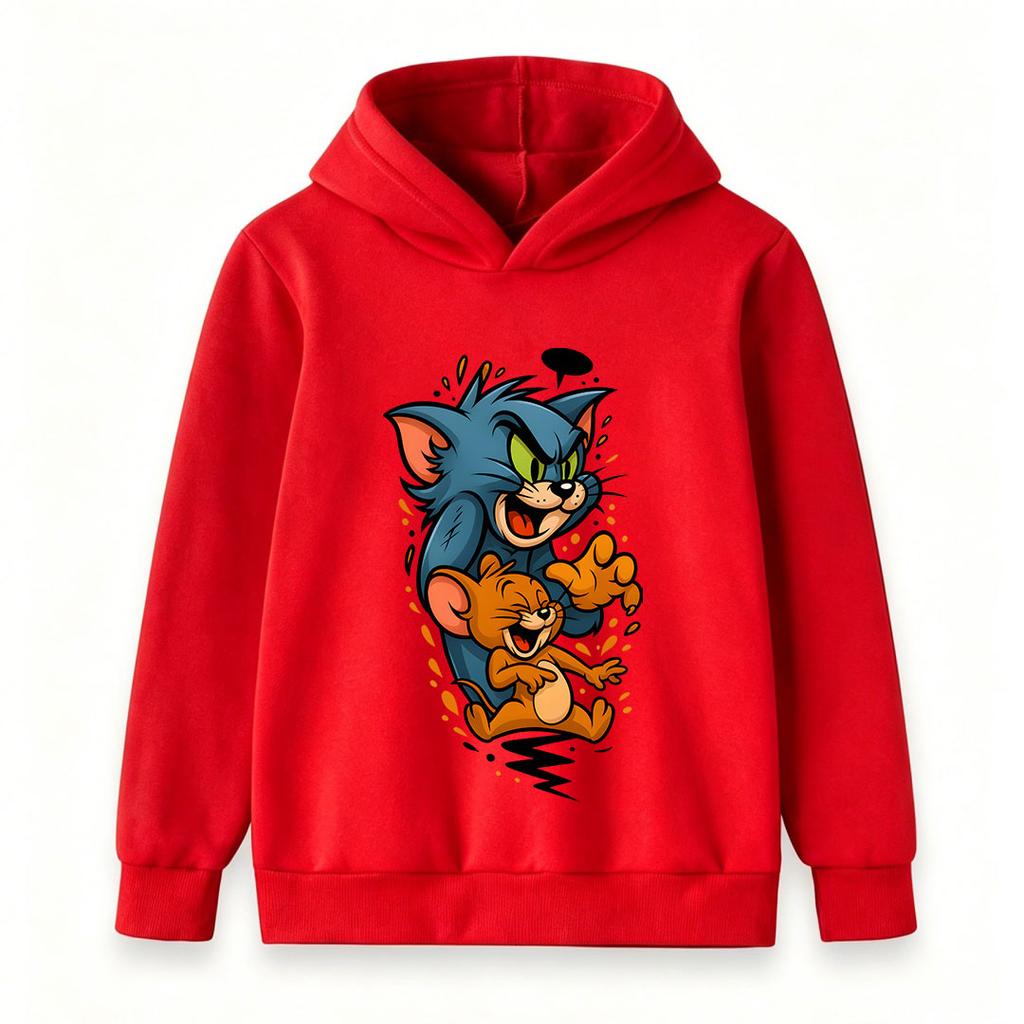 Kids Boys Girls Cartoon Cat Mouse Printed Pullover Hoodie, Casual Long Sleeve Loose Fit Hooded Sweatshirt for Boys Girls Daily Wear Party Holiday Gift