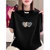 Women's Black Heart Print Short-Sleeved Round Neck T-Shirt, Plus Size Slim Fit