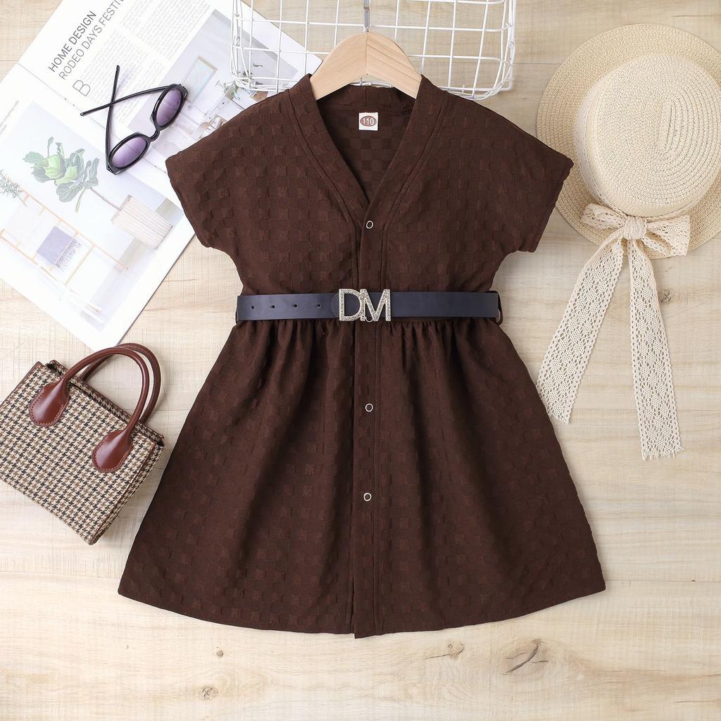Vestido da Moda para Meninas, Vestido de Verão Infantil de Cor Sólida Quadrado Elástico de Manga Curta com Cinto