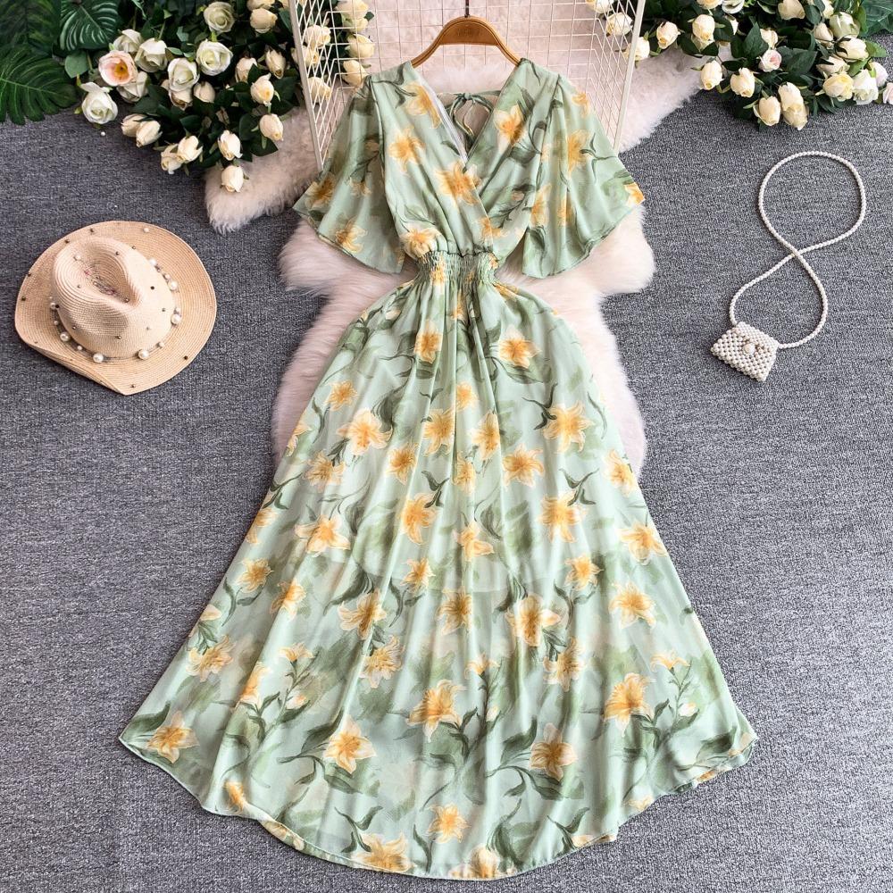 Women's V Neck Floral Chiffon Maxi Dress High Waist A-Line Casual Dress for Summer Vacation