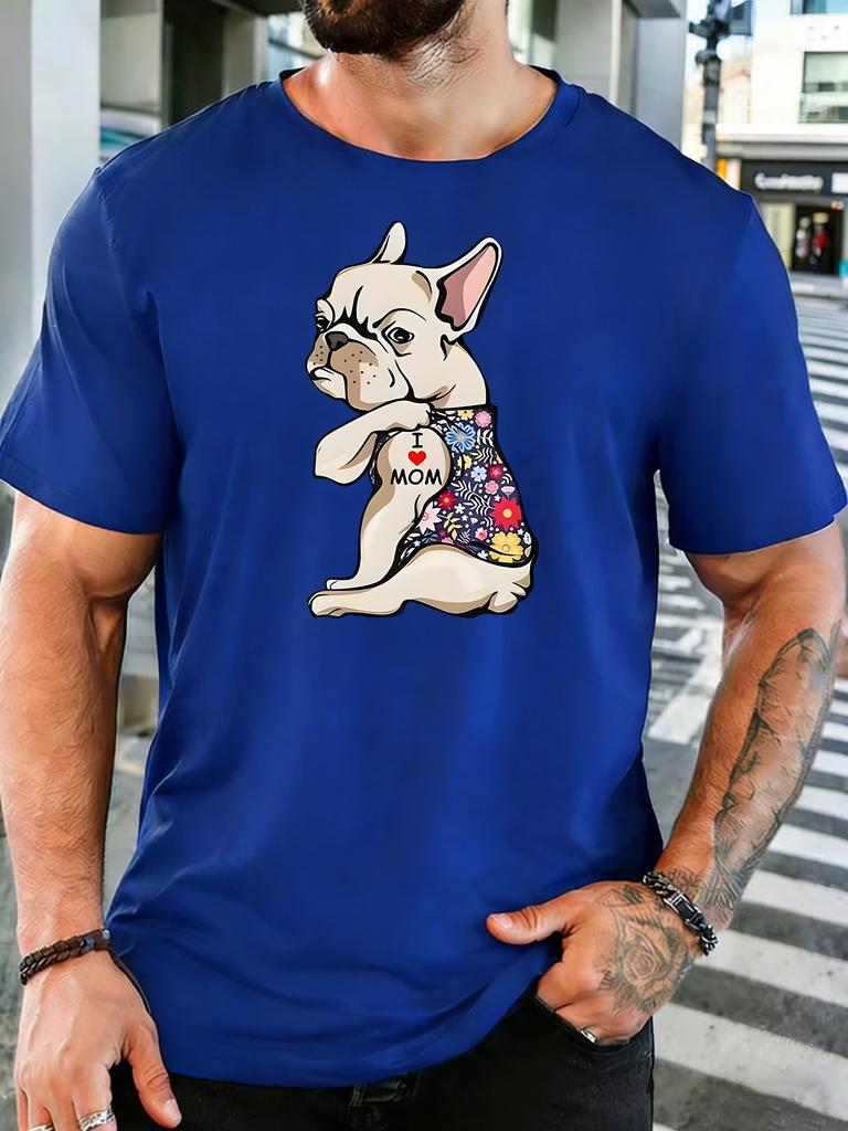 Floral French Bulldog I Love Mom Tattoo Graphic Unisexs Cotton Tee Short Sleeve Crew Neck Animal Print Male Casual Mother Day Gifts
