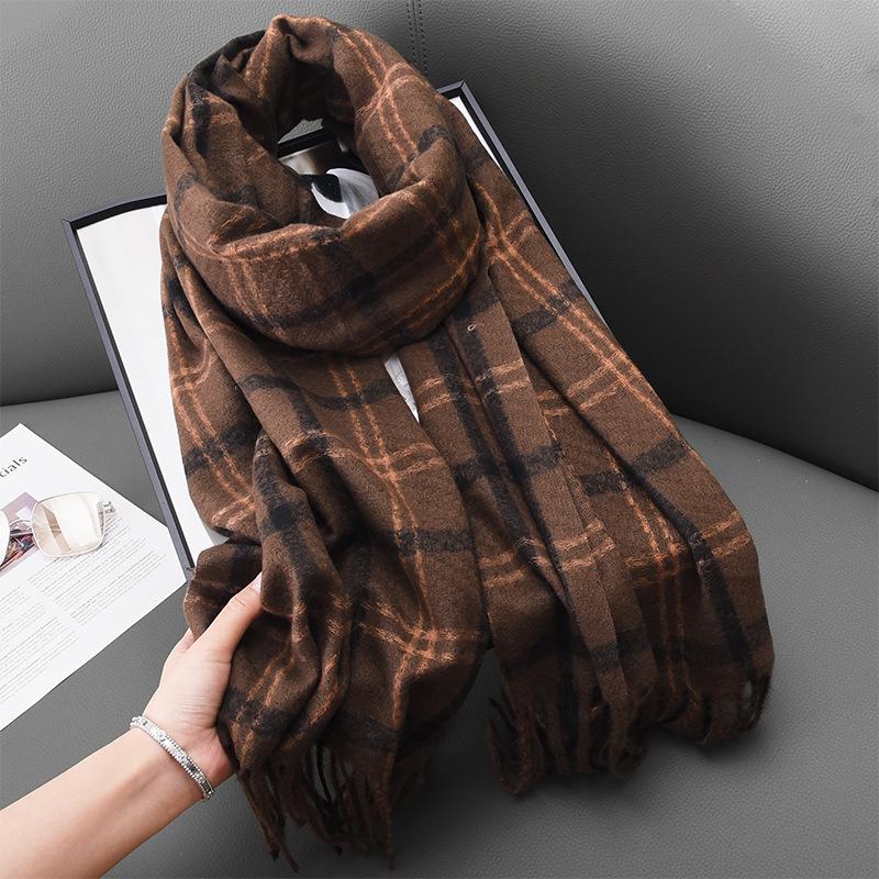 High Looking Imitation Cashmere Retro Hoop Yarn Plaid Scarf for Women Autumn and Winter Fashion Warm Tassel Shawl Scarf
