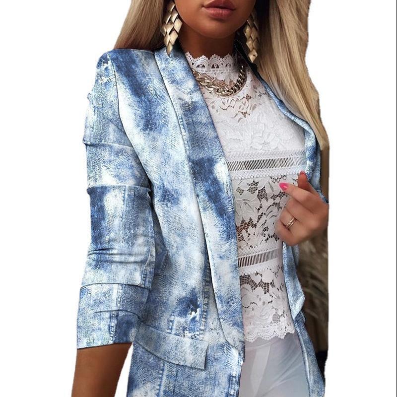 Frauen Mode Langarm Druck Farbe Mantel Offene Vorderseite Anzug Jacke