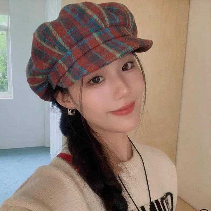 Vintage Plaid Newsboy Cap - 8-Panel British Baker Boy Hat for Women, Slimming Face Retro Flat Cap
