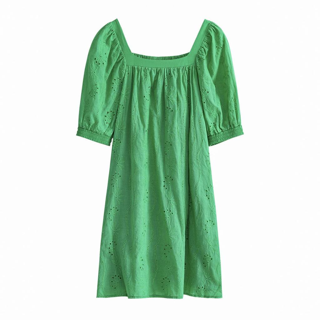Diyun 2023 Summer European & American Solid Color Square Neck Jacquard Short Dress for Women - Elegant & Hollow Design