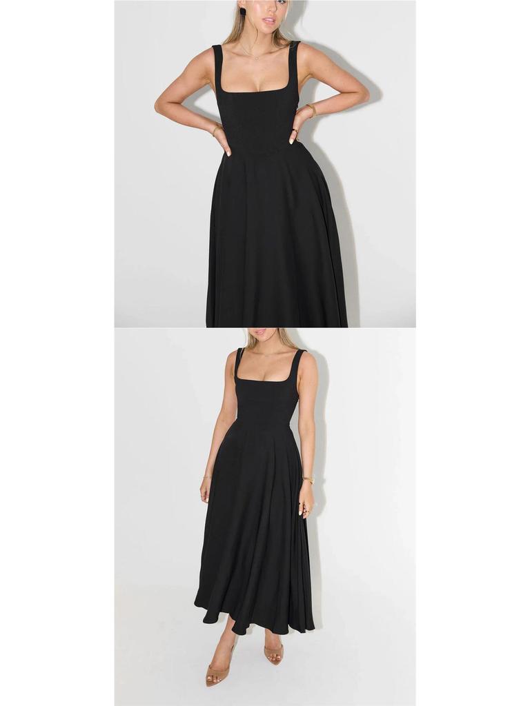 Slim Fit Strappy Midi Dress - Sexy Solid Color, Simple Style