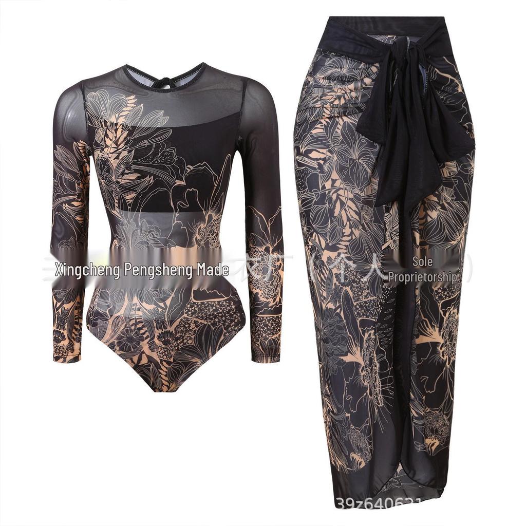 Women's Long Sleeve Mesh Sun Protection One-Piece Swimsuit with Skirt