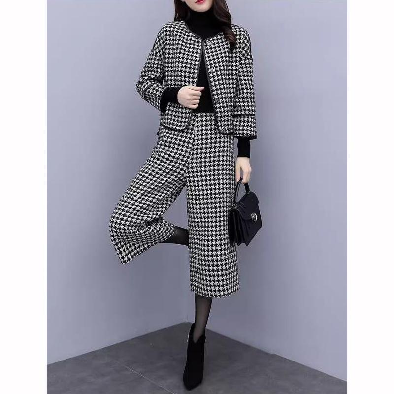 Completo Pantaloni Larghi Coreani Moda Autunno Inverno Tempo Libero Manica Sette Punti Cappotto di Lana Giacca a Quadri Outfit Donna