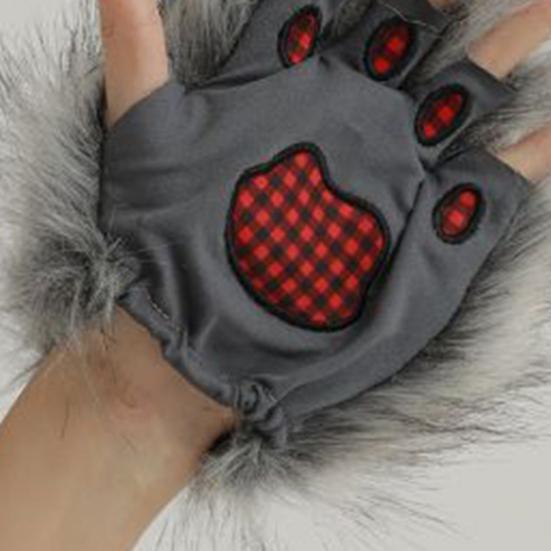 Wolf Paw Gloves Fingerless Warm Fuzzy Gloves Animal Cosplay Hand Paws Faux Fur Gloves for Halloween Christmas Dress-Up Party Costume