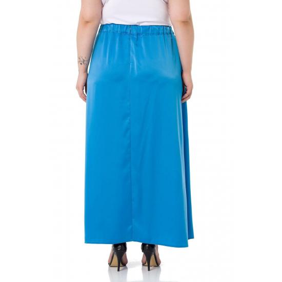 Women's Plus Size Flared Satin Long Black Skirt with Elastic Waist Back