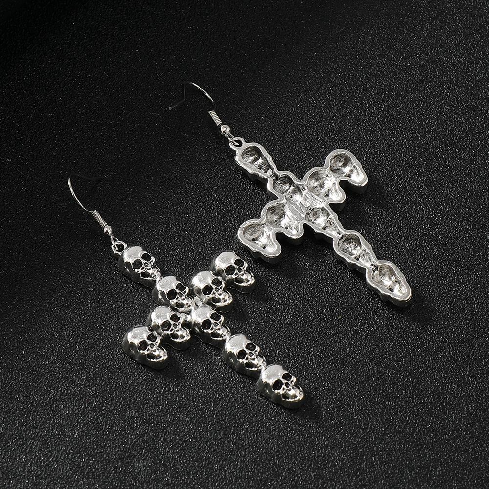 Halloween Jewelry Fashion Punk Vintage Alloy Skull Head Cross Earrings For Women