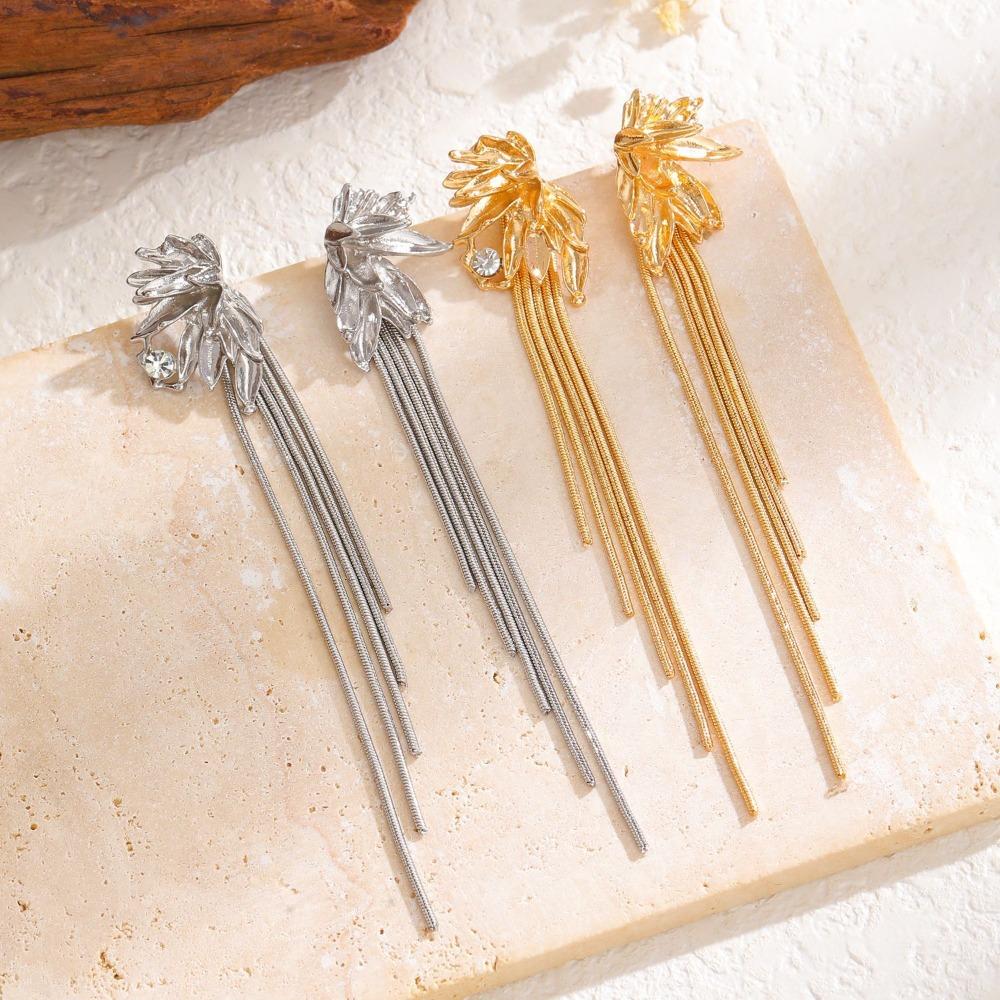 Luxury Temperament Stainless Steel Petal Leaves Tassel Zircon Dangle Earrings for Women Exaggerated Banquet Dress Jewelry Gifts