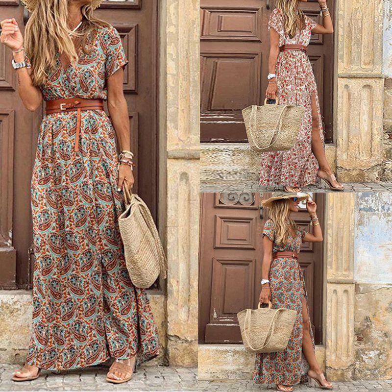 Floral Summer Women Long Maxi Dress Ladies V Neck Boho Beach Holiday Sundress
