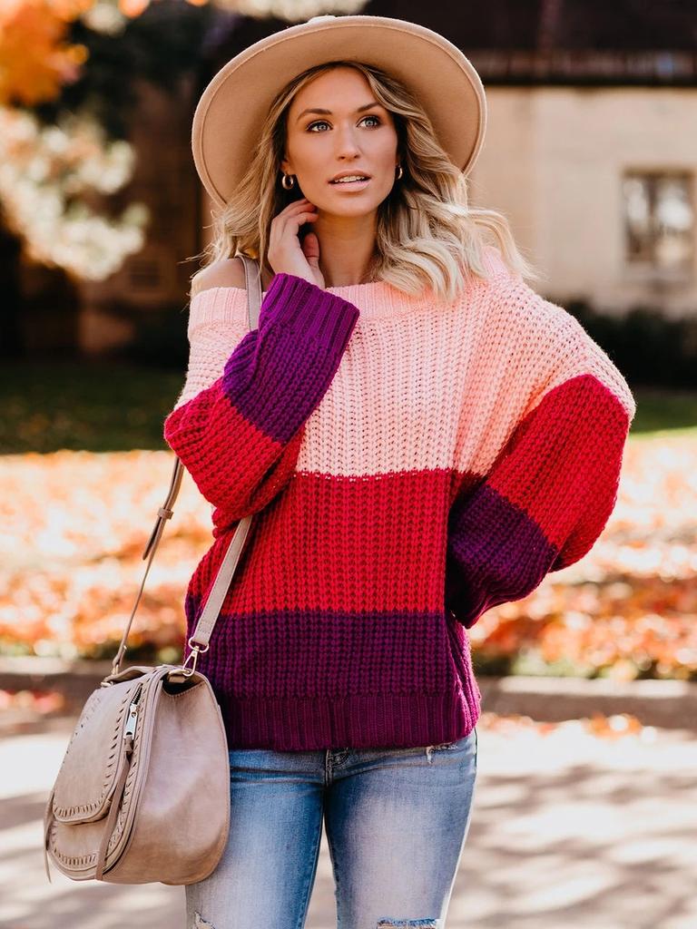 Women's Autumn Winter Knit Set Sweater Loose Patchwork Color One-Shoulder Crewneck Pullover