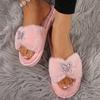 Fashion Elegant Crystal Butterfly Fur Slippers Women Warm Faux Fur House Cotton Slippers Woman Autumn Winter Open Toe Flats Slides Mujer