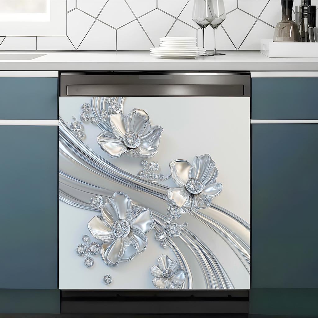 Adesivo Decorativo Strass Design Floreale Argentato Autoadesivo Impermeabile Frigorifero Lavastoviglie Decorazioni Cucina Moderno