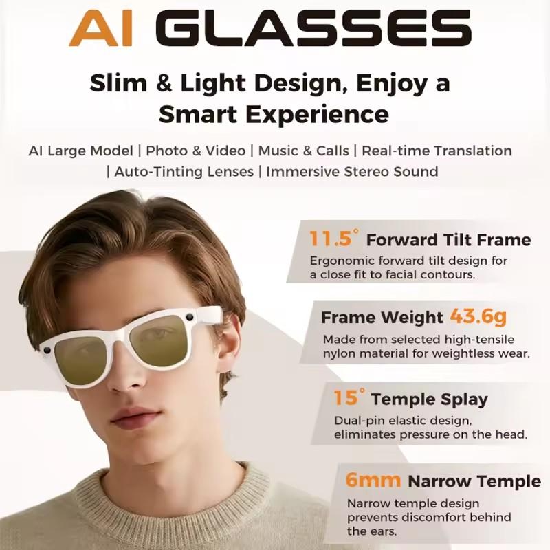New AI Smart Glasses 800W HD Pixel Camera Video Recording Outdoor Sport Sunglasses Translation Voice Call Bluetooth Glasses Music Playback 32GB Memory