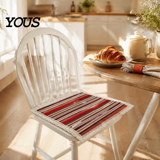 Breathable Office Chair Mat Cotton Linen Pad with Ties, Square Summer Seat Lace Decorative Trim, 15.75" x Washable for Dining Rattan
