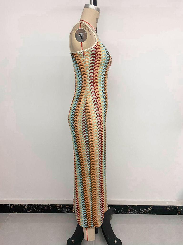 2026 Resort-Style Spaghetti Strap Bodycon Ethnic Striped Knit Dress