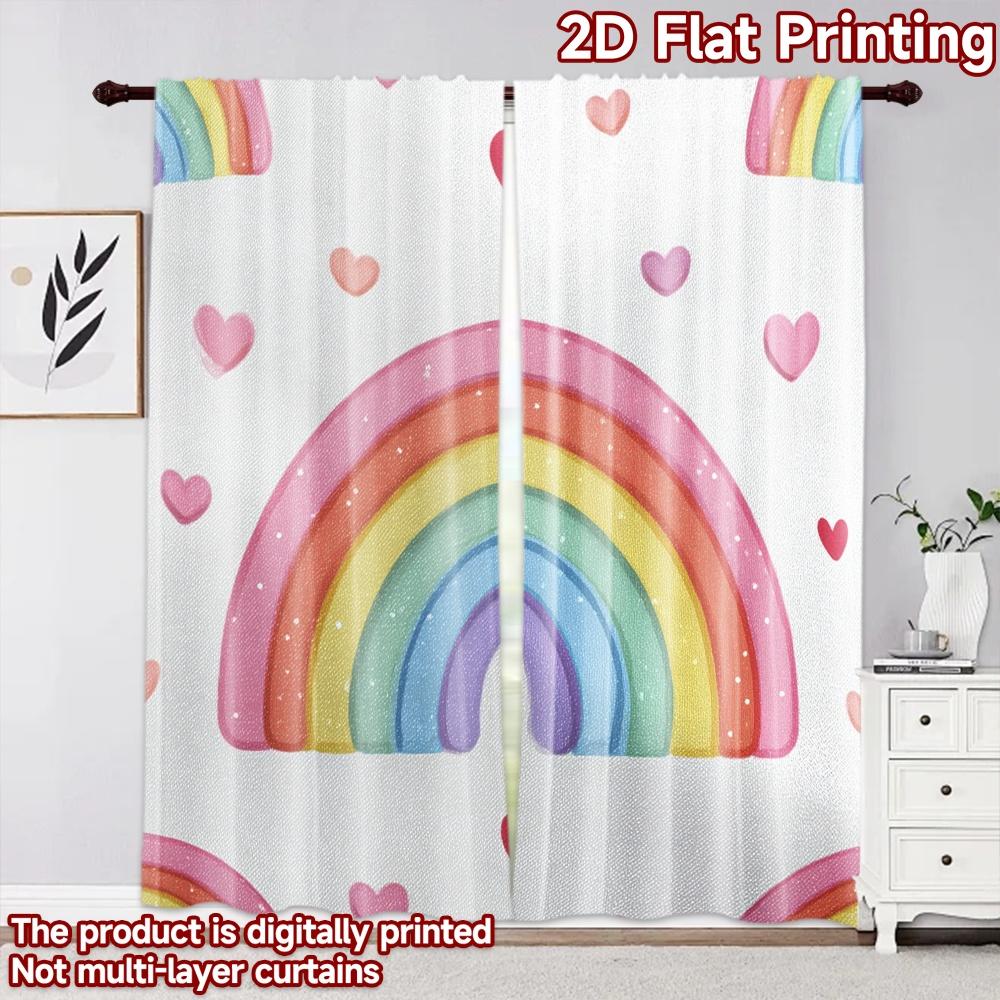 2D flat printing 2pcs Curtain Curtains Pastel Rainbow with Hearts Digital Printed Polyester Drapes Holiday Decorations for