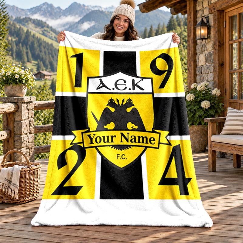 AEK Athens Custom Name Flannel Blanket Personalized Soft Warm Plush Throw Blanket Customized Gift for Family Friends