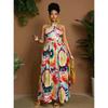 Retro Tie Dye Halter Dress Plus Size High Waist Backless Swing Long Vacation Dress For Curvy Women Fashion Elegant Comfortable Dress