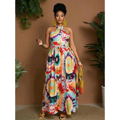 Retro Tie Dye Halter Dress Plus Size High Waist Backless Swing Long Vacation Dress For Curvy Women Fashion Elegant Comfortable Dress