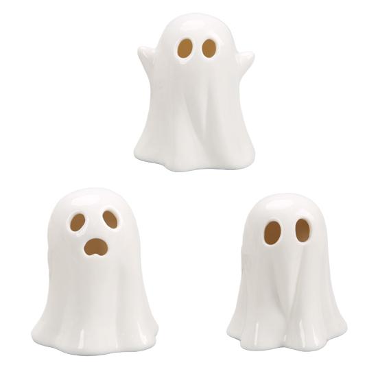 Keramická svítící dekorace duch Malá bílá figurka ducha LED Halloweenský duch Stolní ozdoba pro vnitřní domácí dekoraci