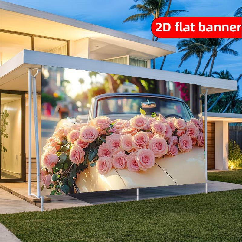 2D Flat Banner Made of Polyester Material Simple Pink Rose Pattern Party Banner Holiday Party Decoration Background Cloth
