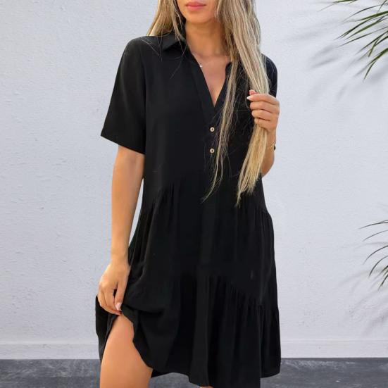 Summer Women Dress V Neck Lapel Pleated Patchwork Hem Solid Color Loose A-line Big Swing Short Sleeves Knee Length Midi Dress