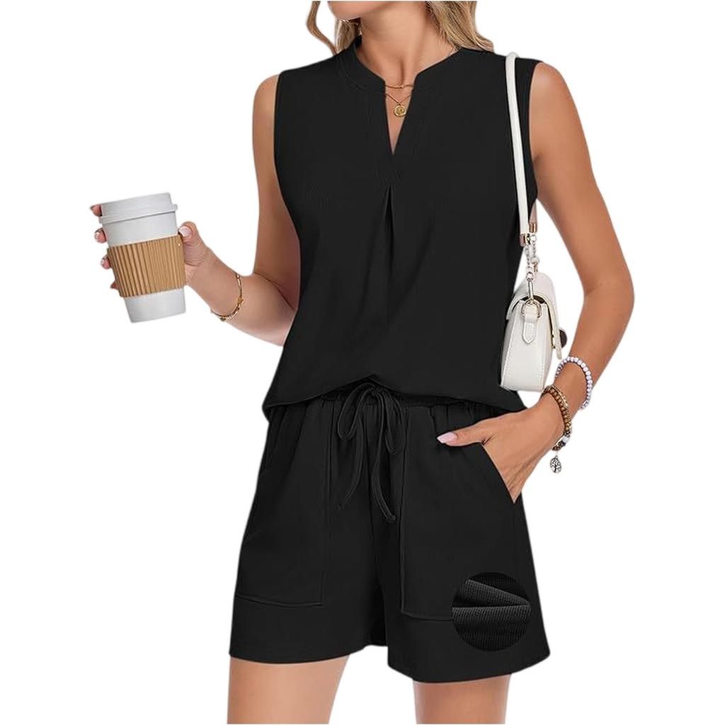 Stylish Women's Two-Piece Summer Casual V-Neck Pleated Sleeveless Shorts Set