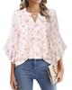 Women's Three Quarter Sleeve Blouse V Neck Business Casual Solid Color Chiffon Shirt Ruffle Hem Loose Fit Office Daily Wear Top