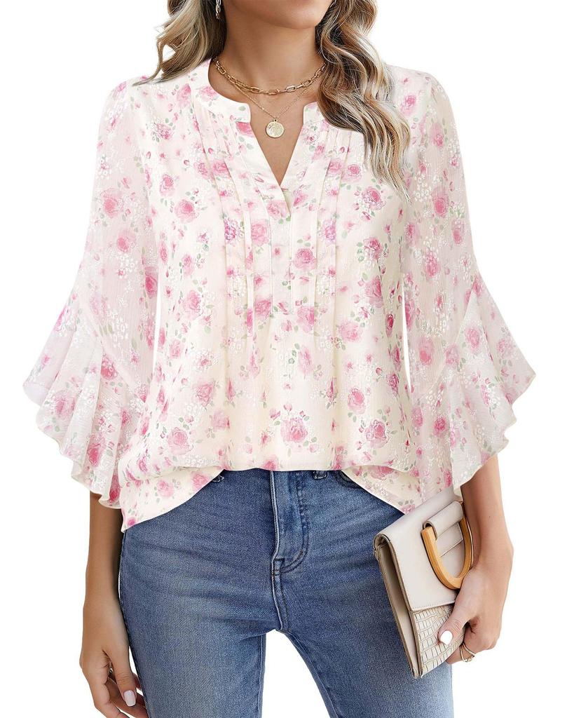 Women's Three Quarter Sleeve Blouse V Neck Business Casual Solid Color Chiffon Shirt Ruffle Hem Loose Fit Office Daily Wear Top
