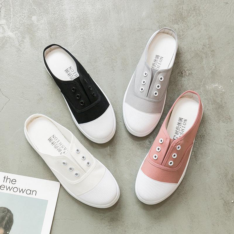 Korean Style Women's Canvas Slip-On Shoes, White, Size 41, No Heel. Perfect for Summer and Year-Round Wear.