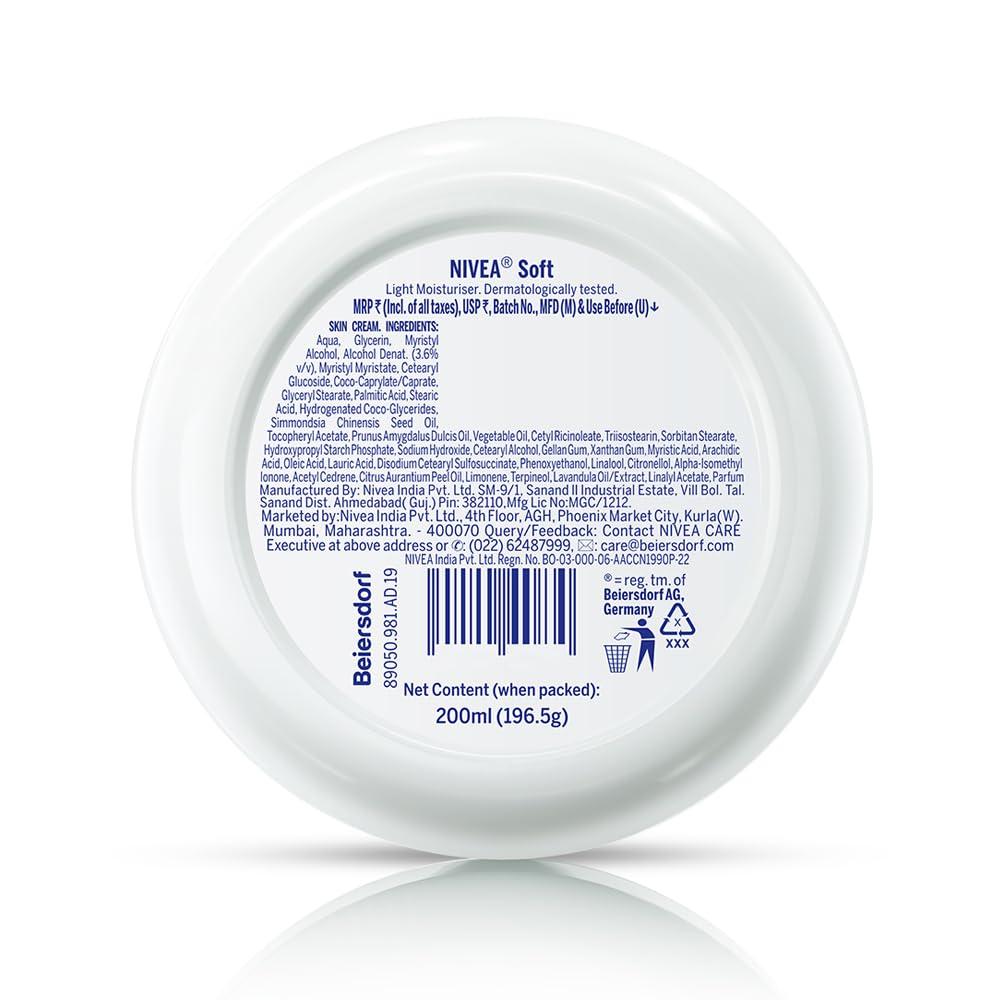 NIVEA Soft Light Moisturizer For Face, Hand & Body, Instant Hydration, Non-Greasy Cream With Vitamin E & Jojoba Oil, 200ml