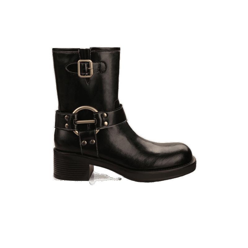 Metal Buckle Round Head Retro Leather Locomotive Boots Thick Heel Western Short Boots Women