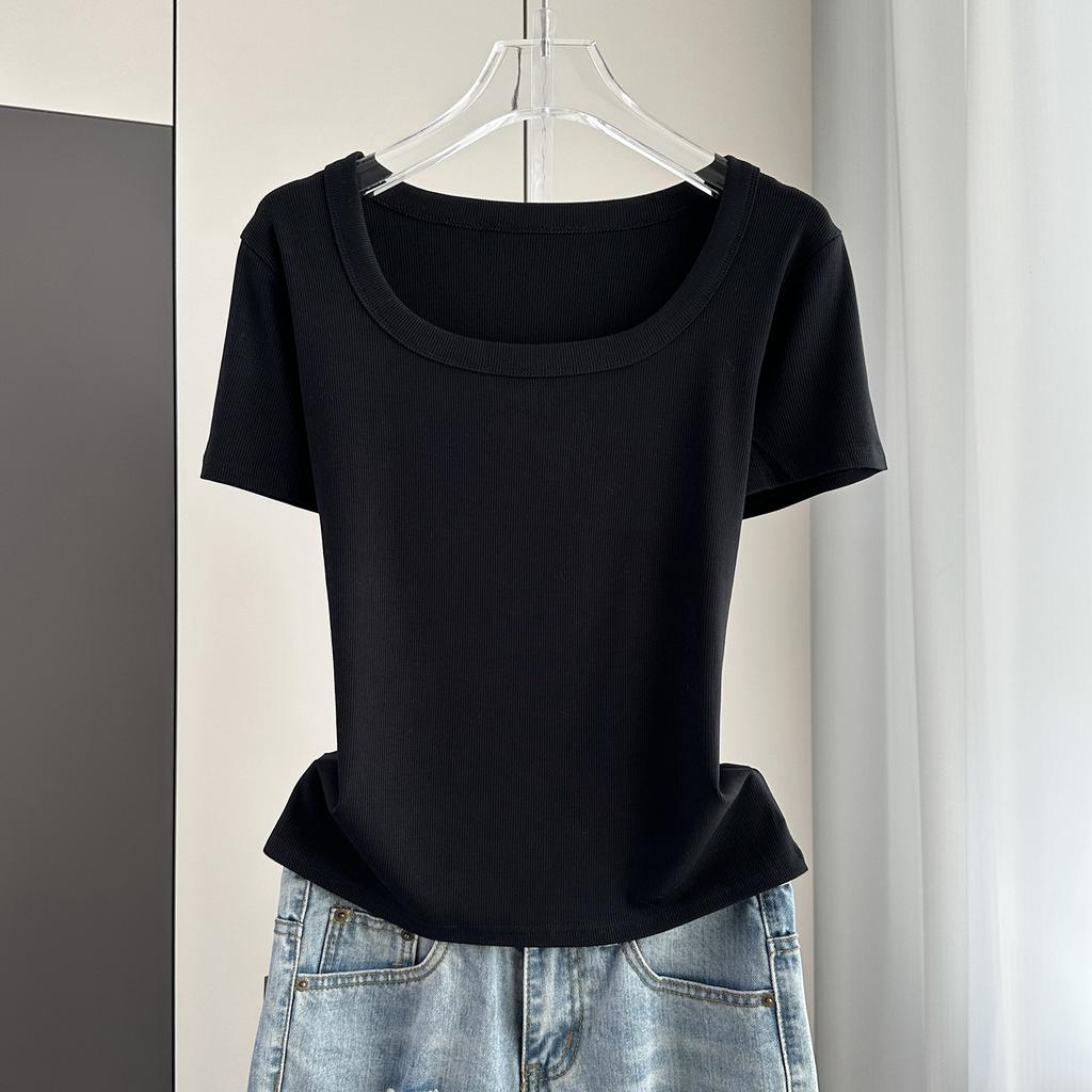Klassisches geripptes quadratisches Hals-Kurzarm-T-Shirt Locker Schlank Sommer Basis-Oberteil Dehnbar Schlanke Basisschicht Weicher Rippstoff Gut für Innen- und Außenbekleidung Oberteil