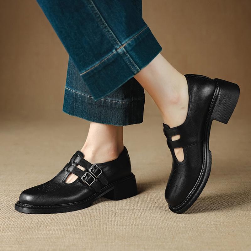 Mode NY Höst/Vår Dam Loafers Äkta Läder Skor Dam Rund Tå Tjock Klack Skor Snidad Spänne Dam Pumps Vardagsskor