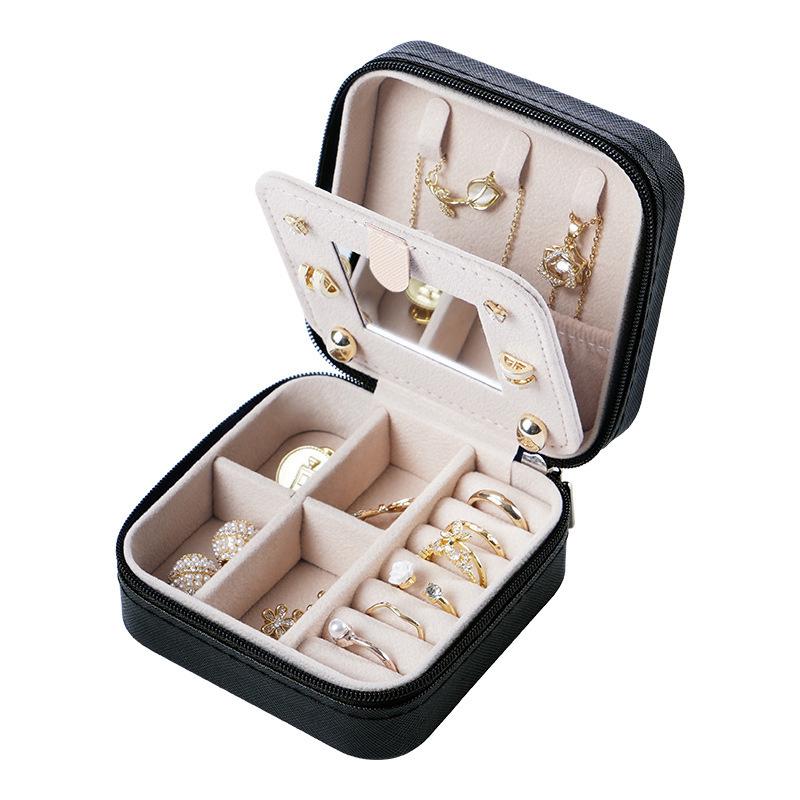 Compact Zippered Jewelry Box with Mirror – Stylish Travel Case for Rings, Earrings, and Accessories