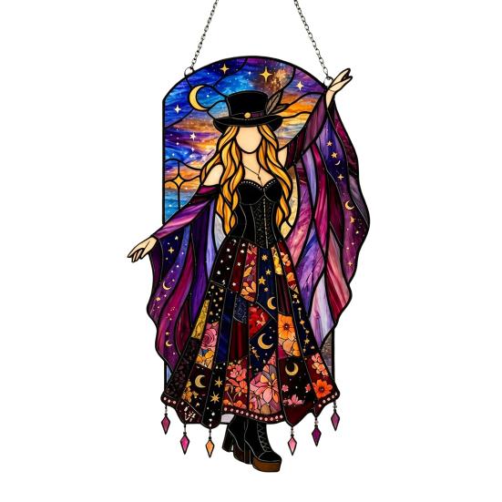 Dancing Lady Sun Catcher Boho Acrylic Hanging Ornament Retro Starry Sky Moon Gothic Woman Window Spinnner for Home Room Size#acrylic