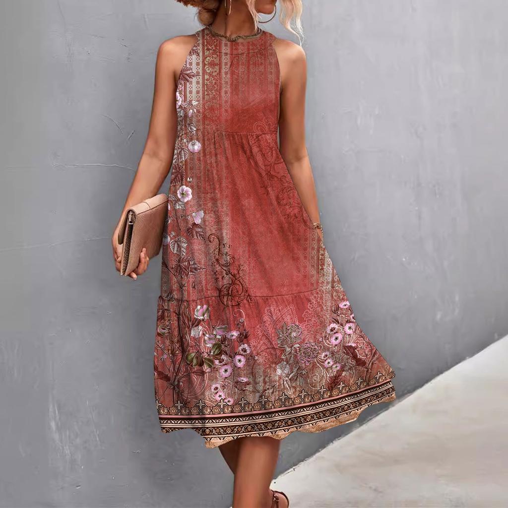 Women's Summer Sleeveless Solid Color Printed Loose Splicing Casual Hanging Neck Beach Dresses