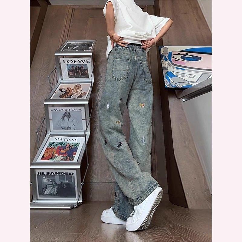 Embroidered Jeans for Women Spring and Autumn Large Size Loose Wide Legs Straight Leg Pants