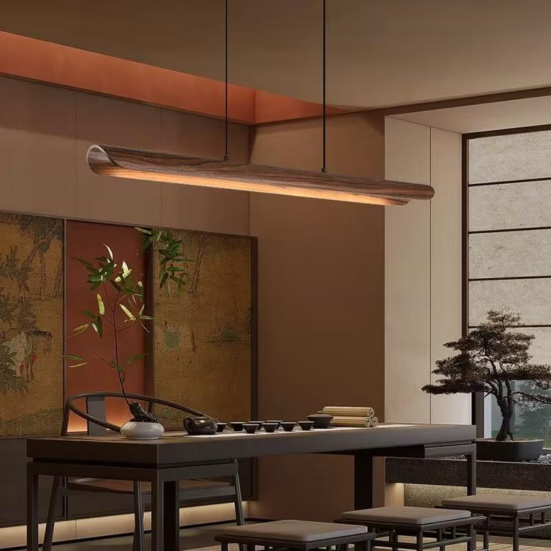 Walnut Wood Dining Chandelier - Simple Strip Hanging Lamp for Kitchen, Home Decor & Indoor Lighting