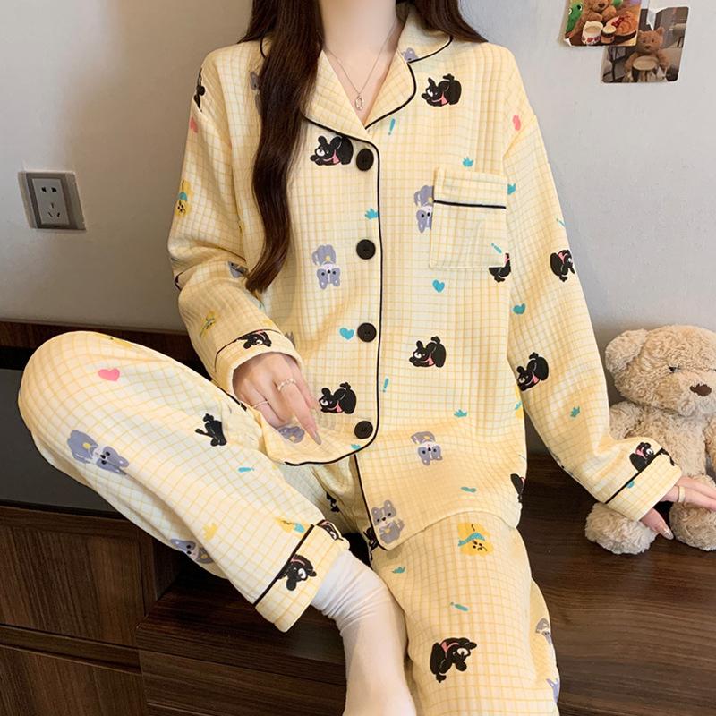 Air cotton pajamas women's autumn and winter long sleeves thickened interlayer warm stars cat student loungewear real shot