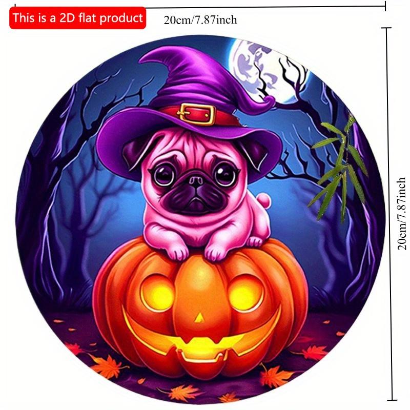 2d Flat 20*20cm The Circular Wooden Sign Features Graphic Design Witch Hat, and Pumpkin Pattern. Halloween Themed, for Home, Garage, Restaurant, Cafe.